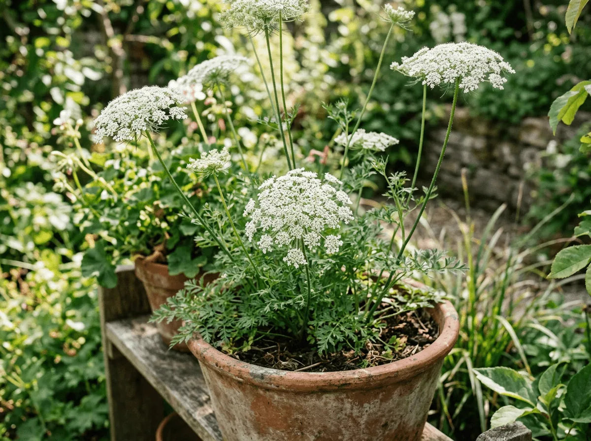 Gulerodsblomster frø i krukker