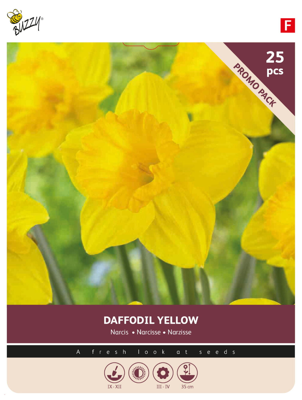 Narcissus Large Cupped gul blomsterløg 10/12 - pakkeetiket med plantningssymboler