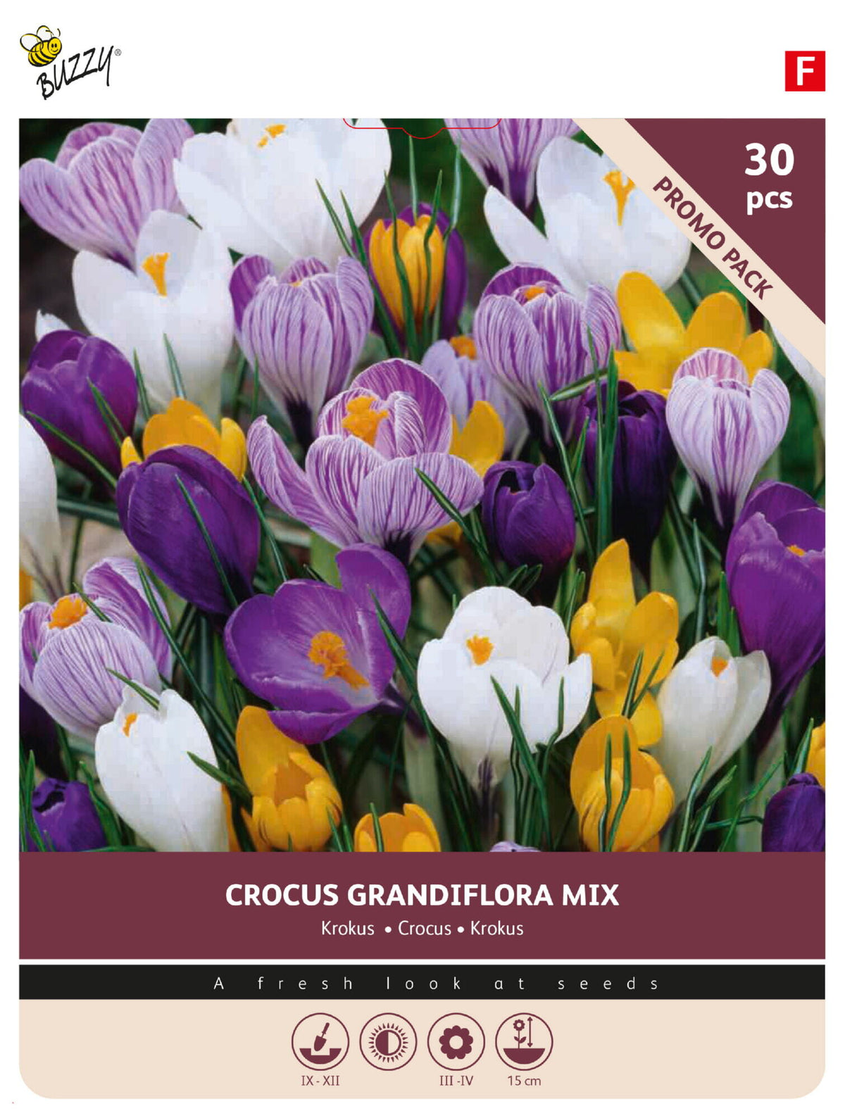 Crocus Grandiflora Mix blomsterløg etiket med farverig blanding af lilla og gule krokus
