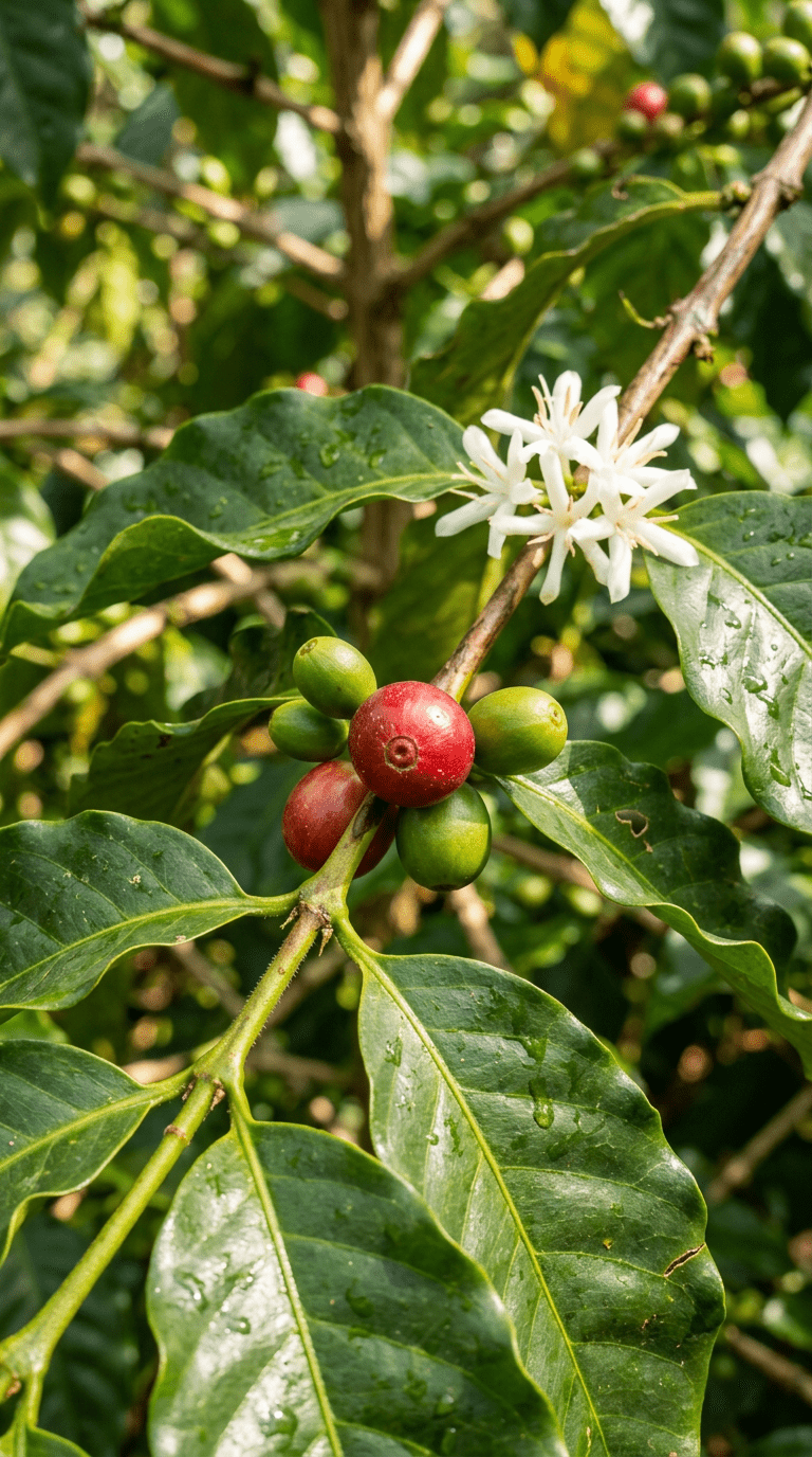 Nærbillede af grønne og røde kaffebær på Kaffe - Coffea Arabica træ med hvide blomster