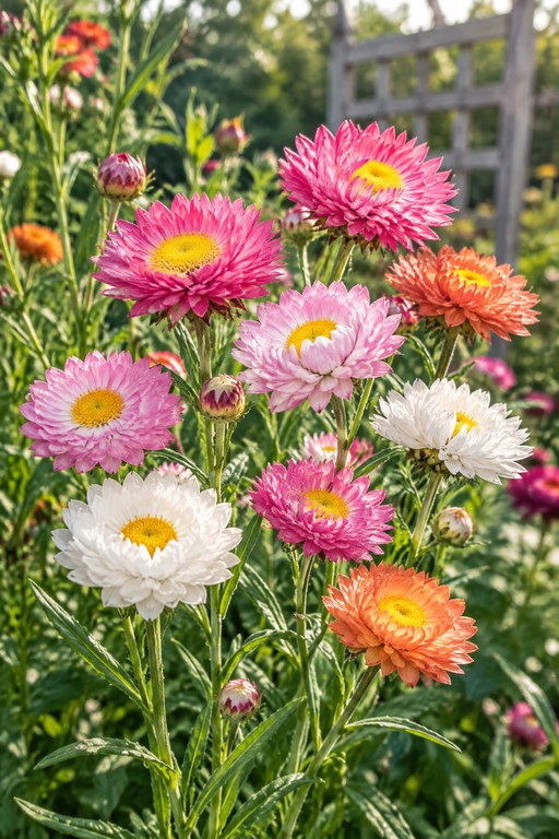 Helipterum med dobbelte pink, hvide og orange blomster i en solrig have