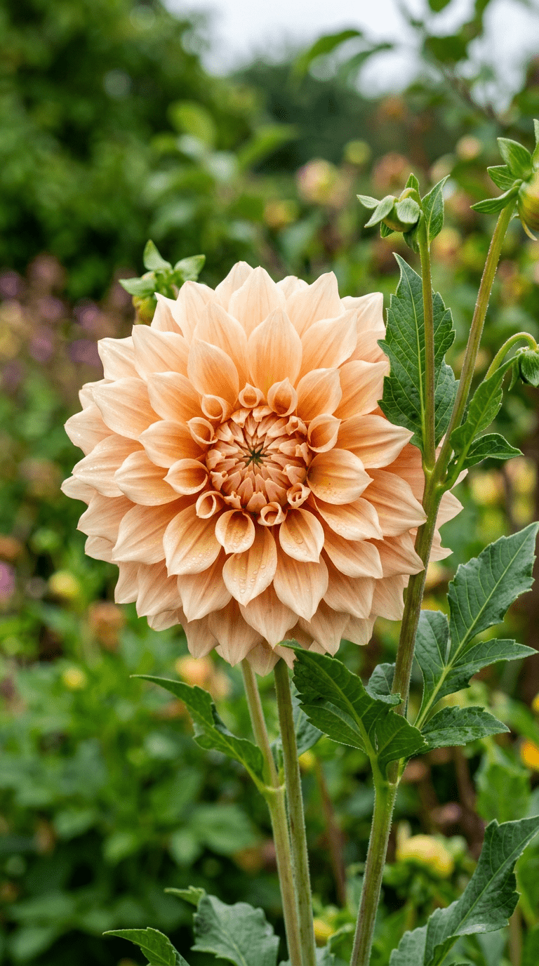 Nærbillede af cremefarvet georginblomst med lagrige blade og vanddråber
