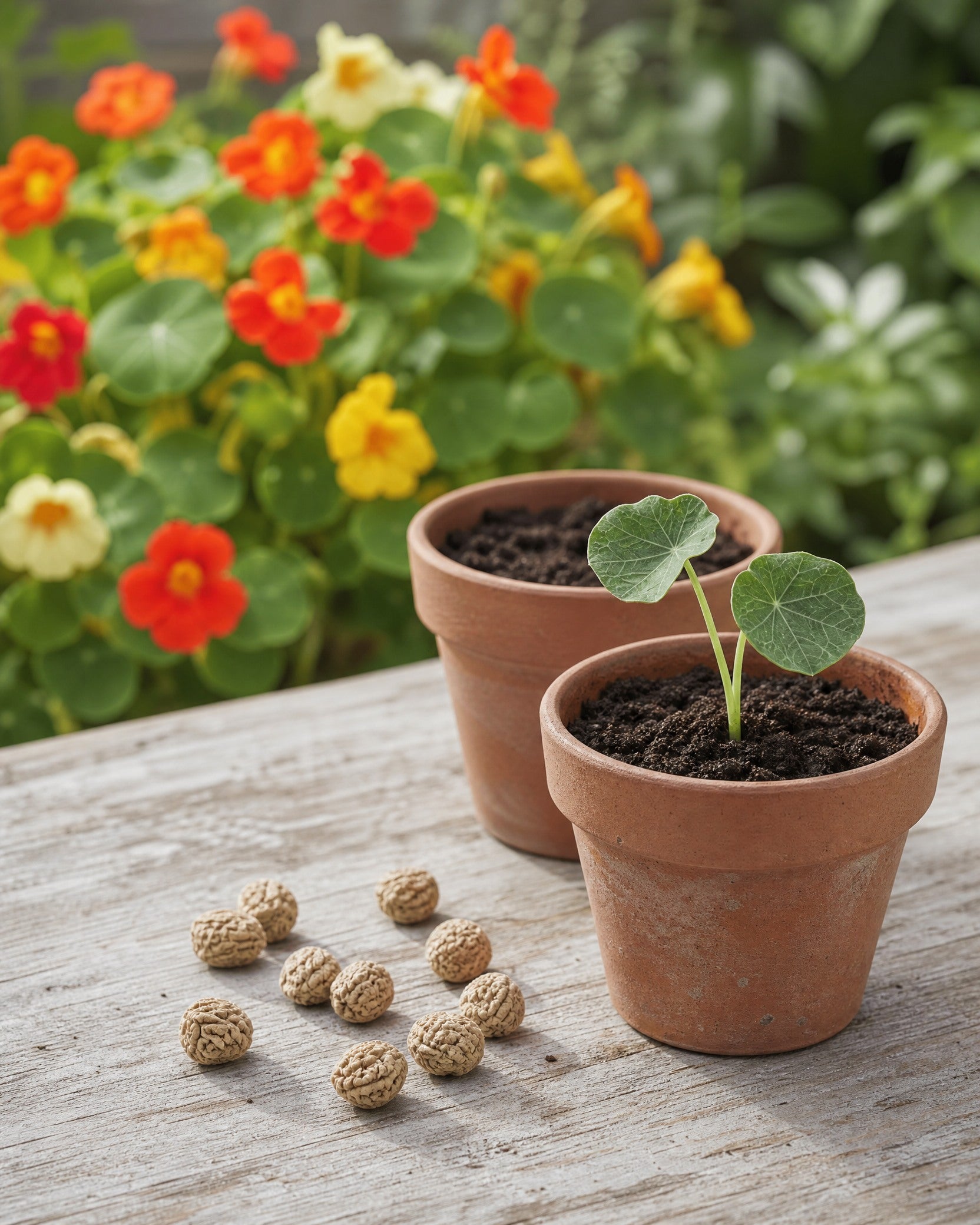Økologiske blomsterkarse-frø ved siden af spirrende plante i terrakotta-kuppel