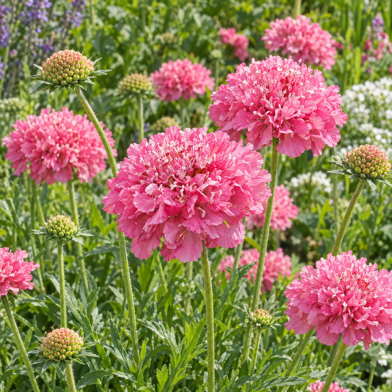 Laksrosa enkeblomst ‘Salmon Queen’ med fyldige blomster og knopper i en solrig have