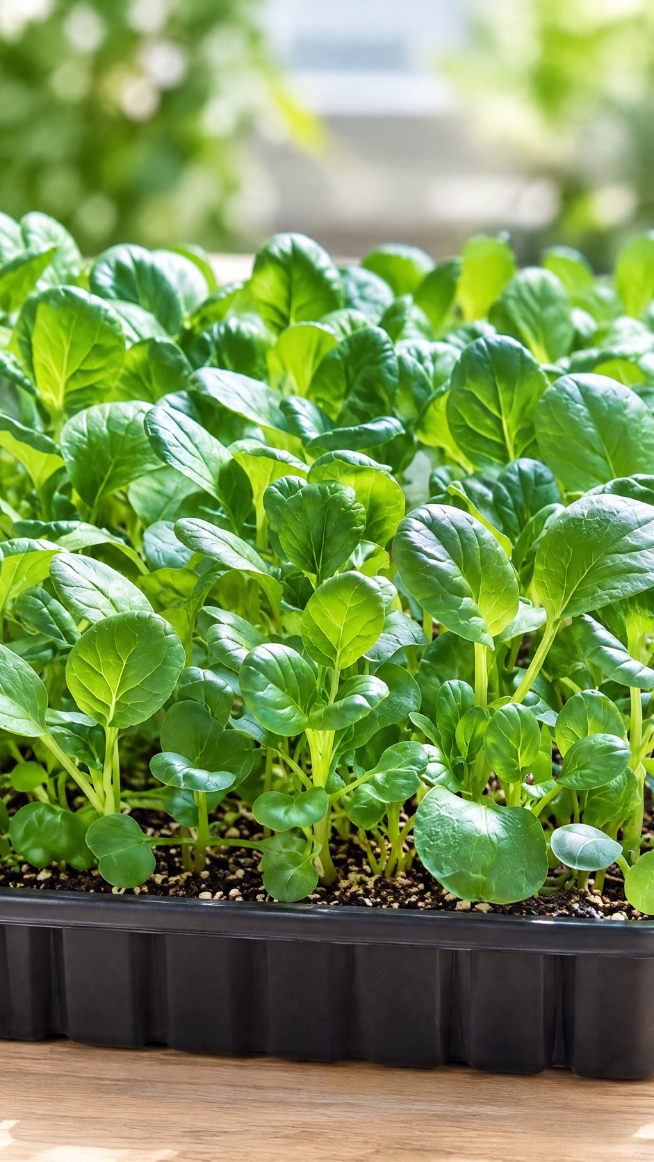 Tatsoi microgrønt i sort plastikbakke med friske, skeformede blade klar til høst