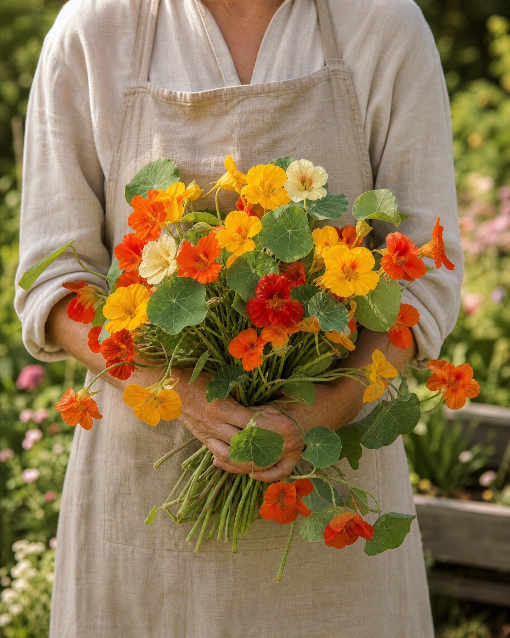 Person holder buket friskplukket spiselige blomsterkarse i haven