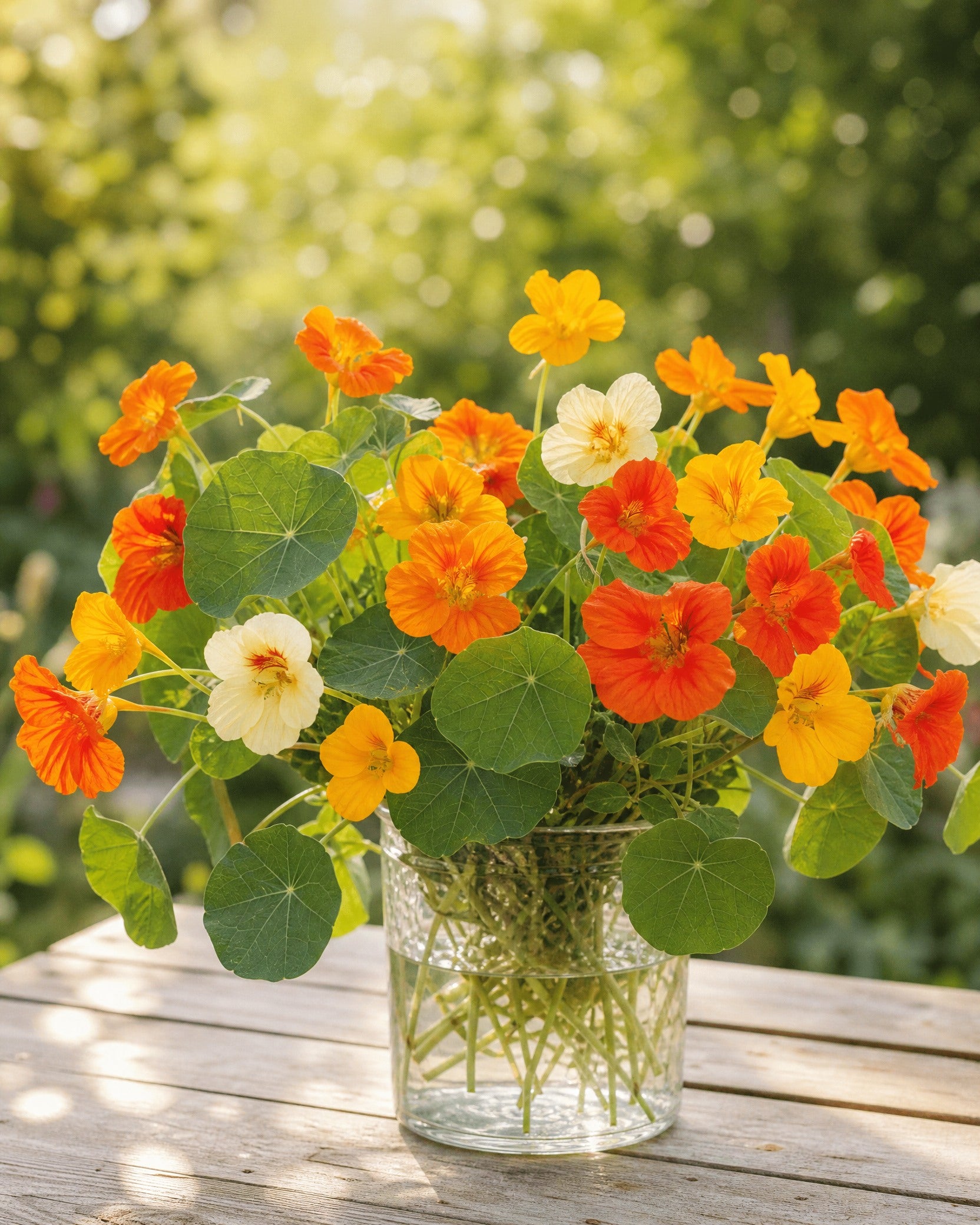 Buket af spiselige blomsterkarse-blomster i orange, rød og gul med grønne blade