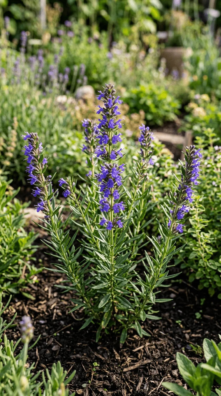 Nærbillede af Isop med mørkegrønne blade og blomster