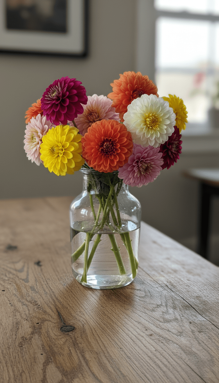 frøhat dahlia i klar vase