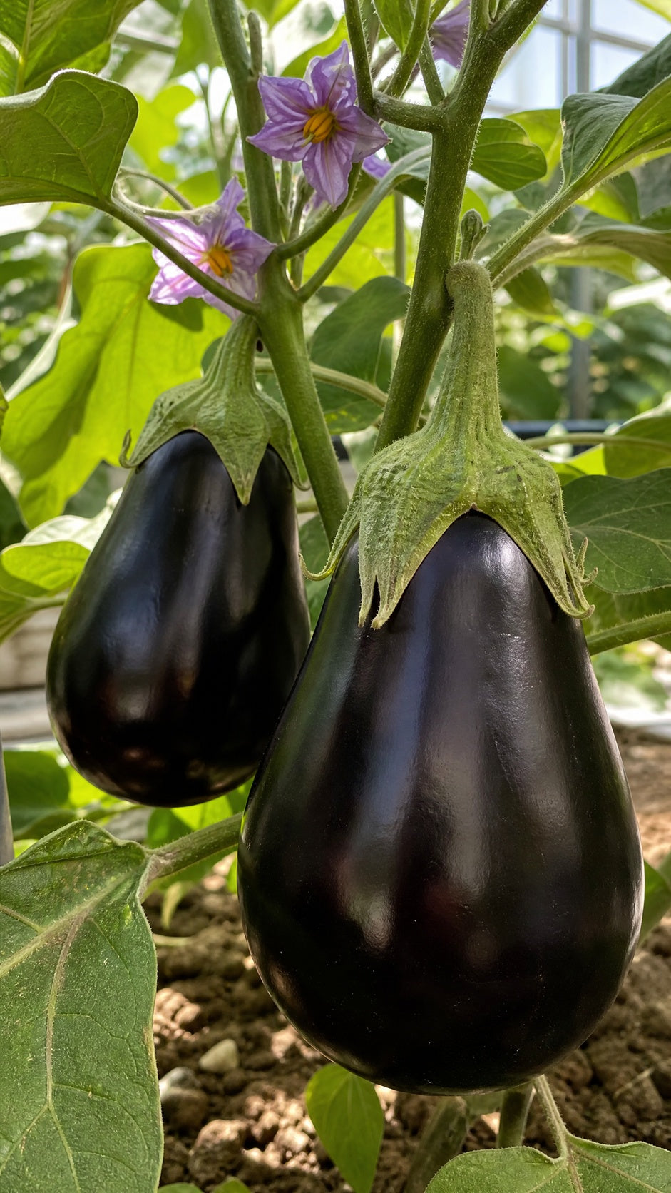 Aubergine Black Beauty – blank næsten sort frugt og lilla blomster