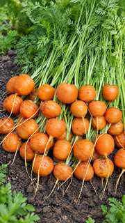 Runde orange gulerødder med grønne toppe på mørk jord
