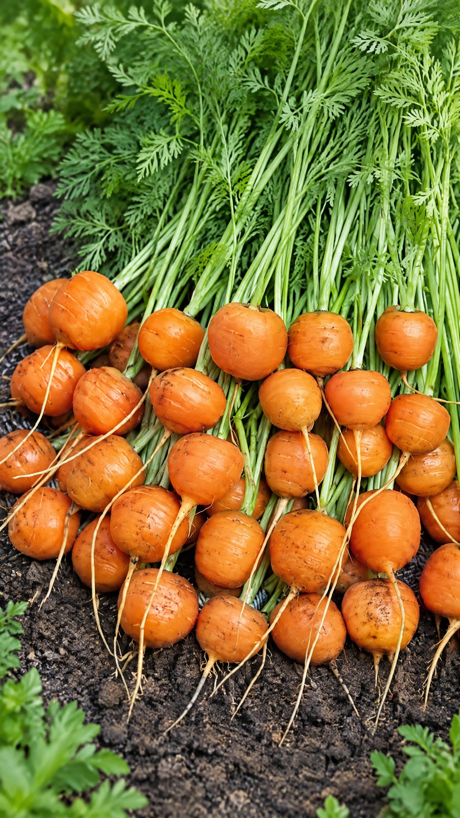 Runde orange gulerødder med grønne toppe på mørk jord