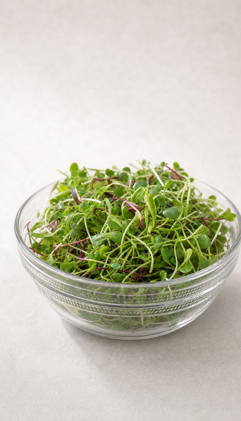 Blandet salat-mikrogrønt som glasskål, mere afstand, 768 x 1344 px