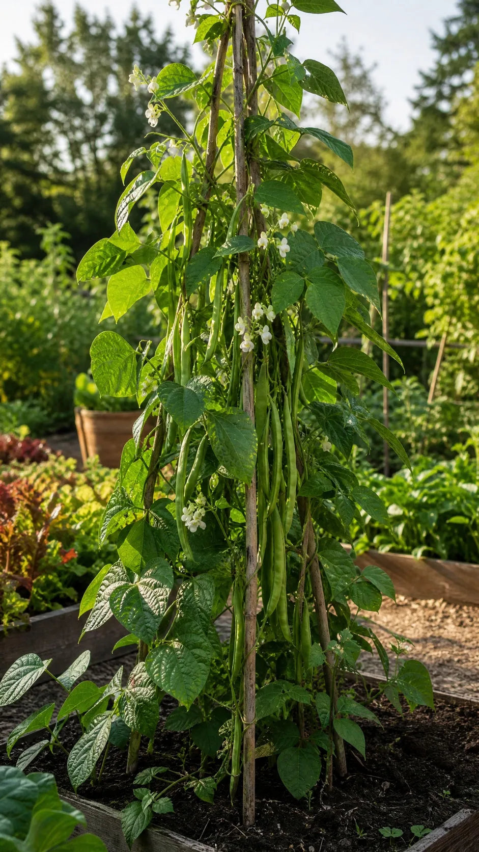 Pralbønne 'Emergo White' frø – foto af bønneplanten med grønne bælge