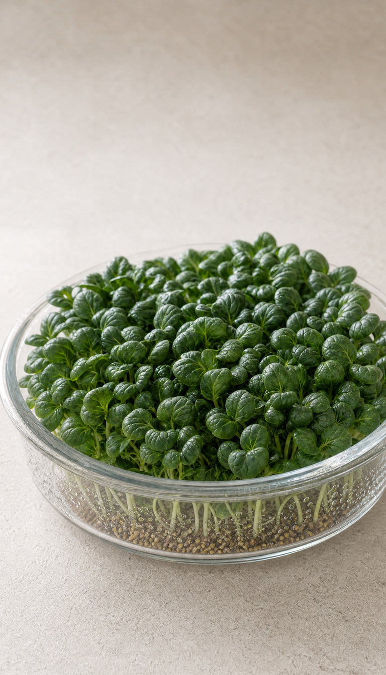 Tatsoi som glasskål, mere afstand, 768 x 1344 px