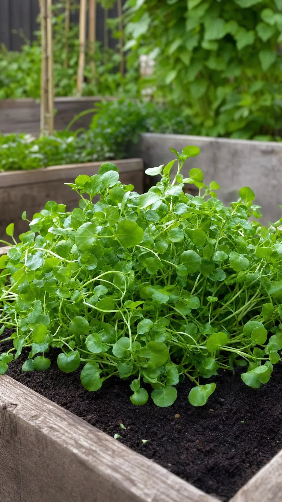 Brøndkarse Watercress i moderne grøntsagshave – lodret format