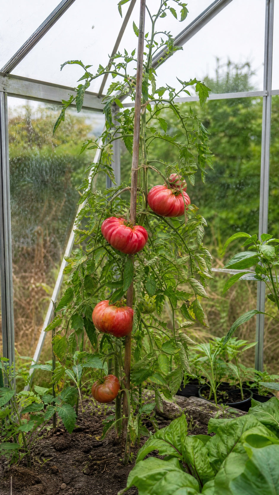 Bøftomat Marmande – naturligt foto af ribbede bøftomater på planten i drivhus